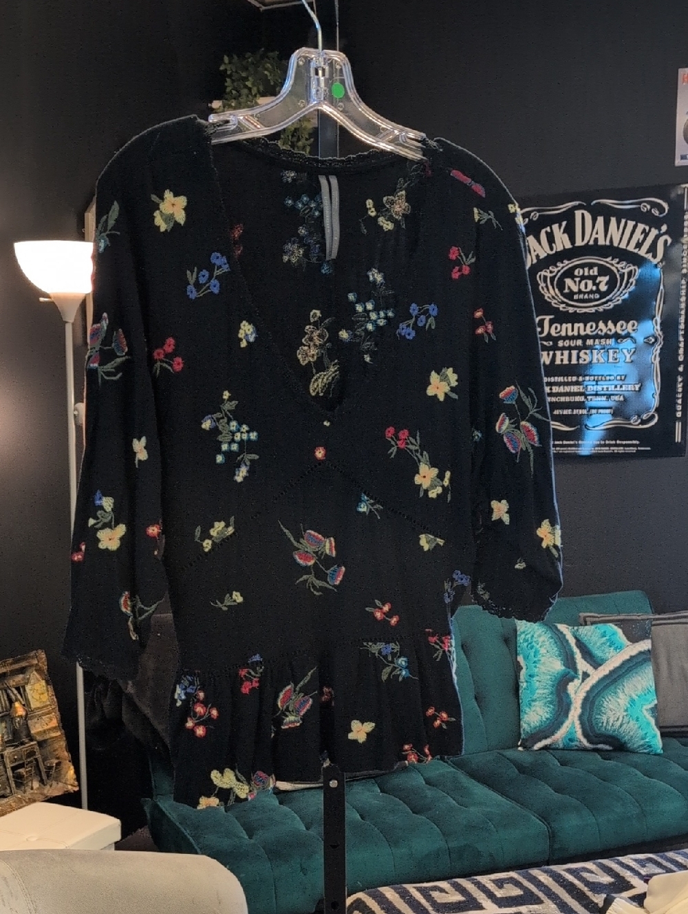 Anthropologie Black Floral Embroidered Peasant Blouse